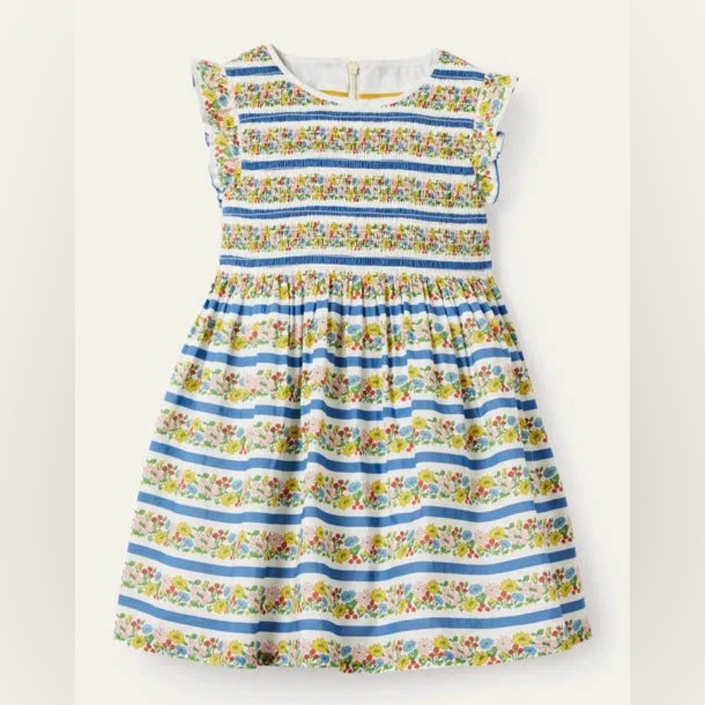 Boden 9-12 mos Smoked Woven dress in Multi Floral Stripe NWT